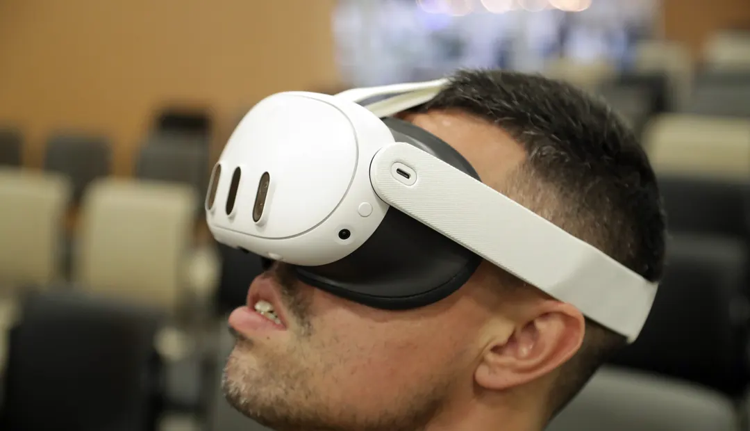 A person wears a virtual reality headset